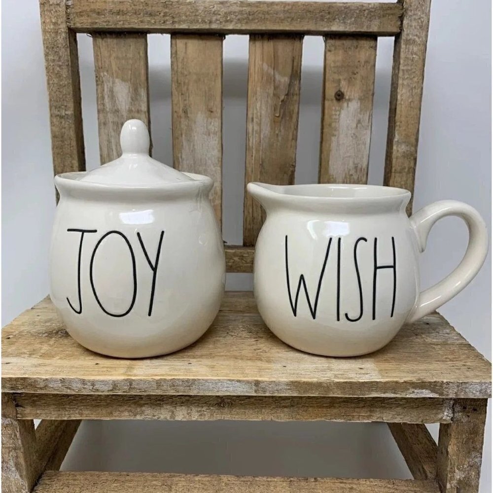 Rae Dunn JOY WISH Creamer Sugar Bowl Set Christmas Artisan Collection Magenta